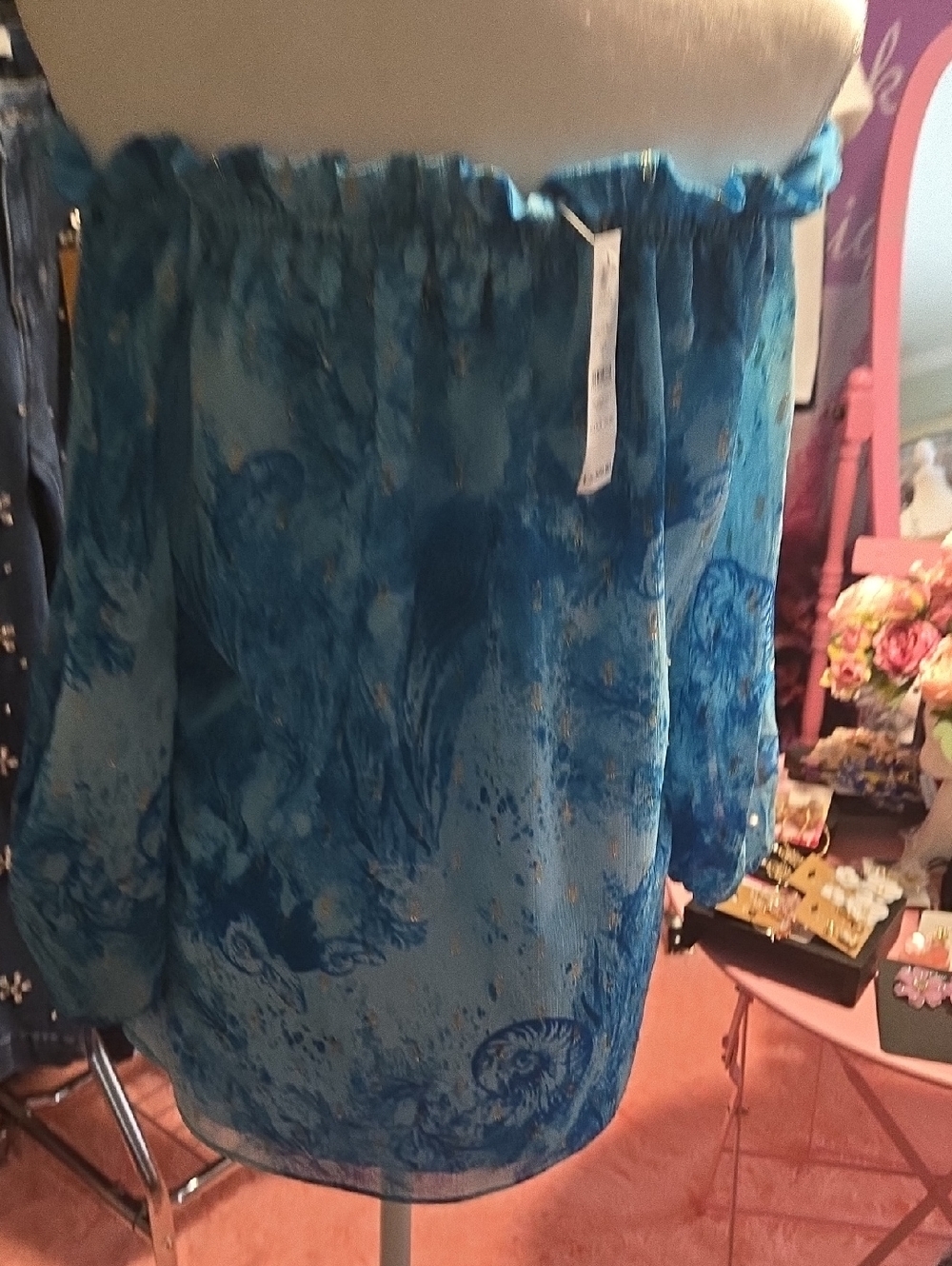 White House Black Market Off-Shoulder Blue Printed Blouse - Picture 11 of 12